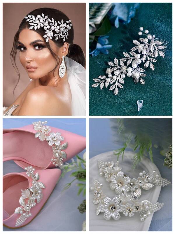 1 Set Elegant Pearl & Rhinestone Hair Comb And Shoe Clips, Detachable Design Suitable For Weddings, Banquets, Parties To Add Sophistication And Fashion For Brides And Bridesmaids