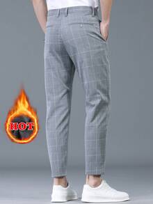 Thermal-Lined Plaid Button Detail Casual Pants For Men, Suitable For Outings, Vacations, Parties, Slim Fit, Autumn/Winter - Light Grey - View 5