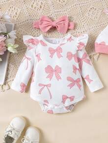 2pcs Newborn Baby (Girl) Cute Soft Long Sleeve Bodysuit + Pants + Hat + Headband Set, Autumn/Winter