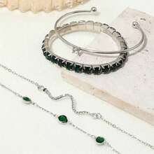 New 4pc Stylish, Vintage & Elegant Snake-Shaped Crystal Bracelet Set - With Green Elastic Claw Chain & Open-Design Bangle