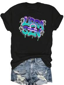 [Camiseta de moda casual] Camiseta suave y cómoda para mujer - Camiseta de manga corta de cuello redondo con arte graffiti de Libra, regalo perfecto para la abuela y la mamá, uso casual de primavera y verano - Negro - Ver 1