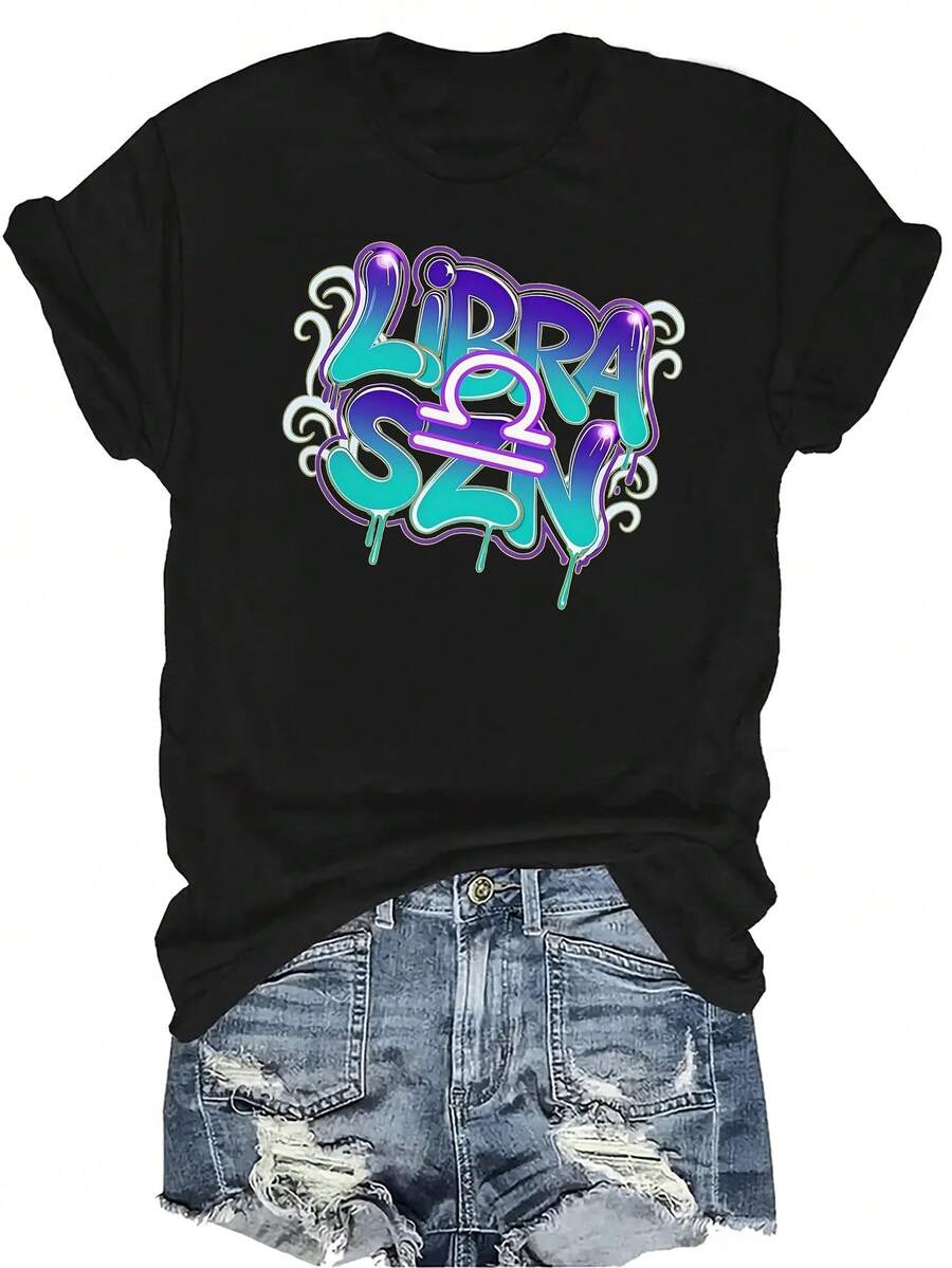 [Camiseta de moda casual] Camiseta suave y cómoda para mujer - Camiseta de manga corta de cuello redondo con arte graffiti de Libra, regalo perfecto para la abuela y la mamá, uso casual de primavera y verano - Negro - Ver 1
