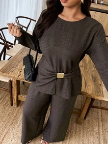 UrbanChic Minimalist 2Pcs Plus Size Cinching Waist Metal Buckle Decorated Suit, Solid Color, Modest, Wedding Season, Valentine's Day Outfit, White Party Event, Spring Break Outfits, Spring Outfit, Summer Holiday Outfits - Coffee Brown - View 4