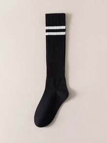 1 Pair Women's Striped Mid-Calf Socks, Retro Style Ribbed Socks, Warm Long Socks For Autumn/Winter, Multi-Color Versatile Knit Socks - Multicolor - View 11
