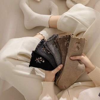 1/3/6pairs Warm Embroidered Woolen Socks (White, Coffee, Light Gray, Black, Dark Gray), Autumn