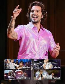 Mens Sequin Top 70s Outfit Disco Rave Party Collared T-Shirt Short Sleeve Breathable Metallic Shirthalloween - Pink - View 2