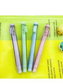 4pcs/Set Automatic Press Design Push And Pull Rubber Eraser With 3 Replacement Refills, Great For Students, School, Office Use, Cute And Portable