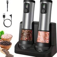 Zestaw elektrycznych młynków do soli i pieprzu – automatyczny ceramiczny młynek do pieprzu ze wskaźnikiem poziomu naładowania baterii, ładowalna podstawa, solniczka ze stali nierdzewnej, 5-stopniowa regulacja grubości mielenia, odpowiedni do nowoczesnych kuchni (wersja ze stopu)