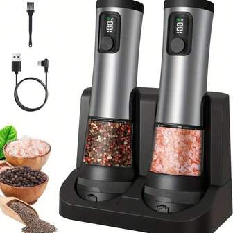 电动盐和胡椒研磨器套装 - 自动陶瓷胡椒研磨器，带电池指示灯、可充电底座、不锈钢盐瓶、5档粗细可调，适用于现代厨房（合金版）