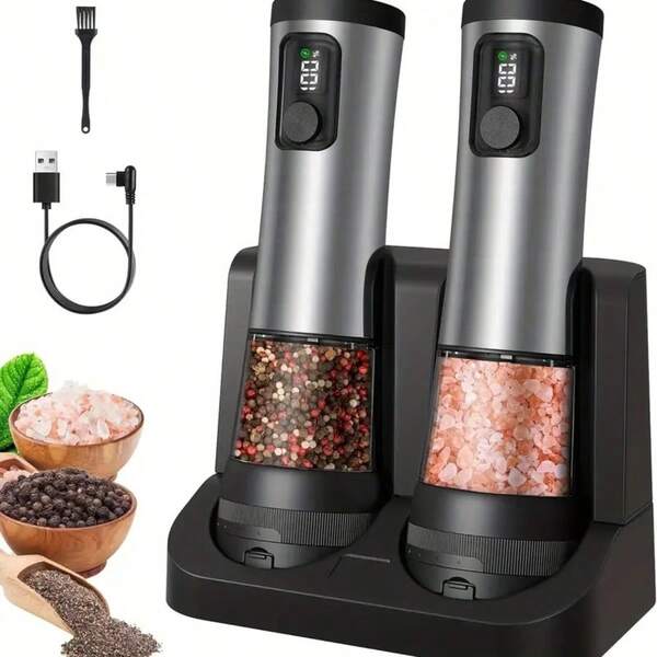 Juego de molinillo eléctrico de sal y pimienta - Molinillo de pimienta cerámico automático con pantalla de batería y base recargable, salero de acero inoxidable, 5 niveles de ajuste de grosor, adecuado para cocinas modernas (Versión de aleación)