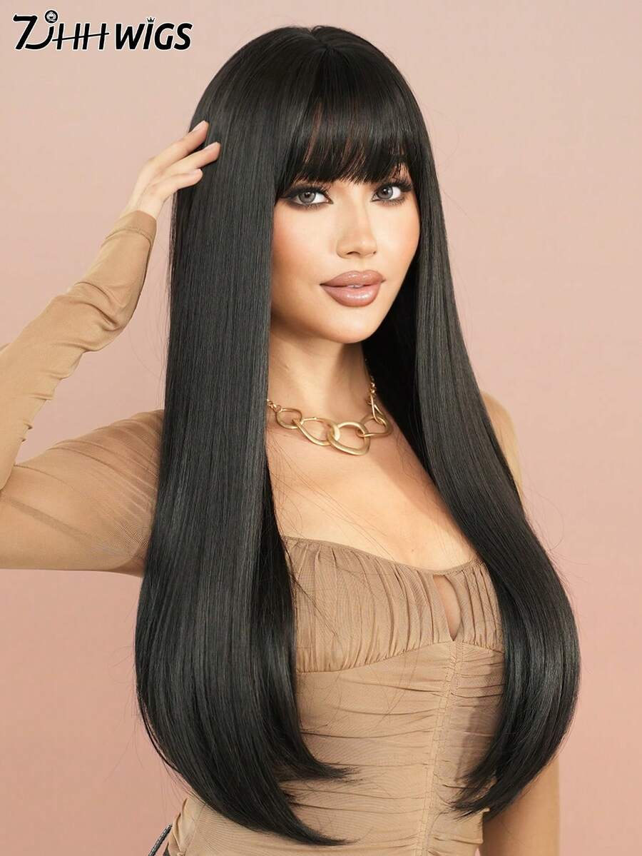 7JHH WIGS 28 Inch Natural Black Long Straight Wigs For Women - Elegant Fluffy Wig With Bangs, Natural Looking, Very Silky Synthetic Heat Resistant Fiber Full Machine Hair Wig For Girls Daily Wear, Music Festival Party Special, Cosplay Anime Use Mother's Day Gifts - 自然黑 - 查看 1