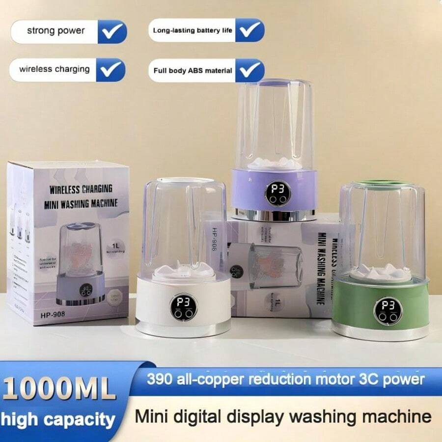 Portable Rechargeable Mini Washing Machine, Suitable For Home And Travel Use. Separate Washing For Underwear, Socks, Etc. With A Drainage-Free Washing Cup, 1L Capacity For Dedicated Clothes Washing, 2600MHA Battery Capacity, 360° Sealed Cleaning, 4D Wave Turbine Design. - 紫色 - 查看 1