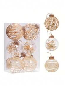 1 set/6 buc. Set ornamente de Crăciun bej cu globuri, set de globuri de Crăciun cu sfoară transparentă PET, decorațiuni rustice pentru bradul de Crăciun, potrivite pentru decorul camerei, decorul casei, decorul dormitorului, decorațiuni de Crăciun, decorul de perete, decorul de Crăciun pentru casă, decorațiuni de ziua de naștere