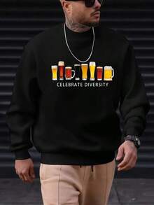Beer Print, Sweatshirt With Long Sleeves, Men's Casual Creative Graphic Crew Neck Pullover Tops For Spring Fall And Winter,Fall Hoodies,Men's Fall Clothes,Street Wear,Halloween,Mens Hoodies,Y2k Clothes,Jesus Hoodie,Thanksgiving Day,Nightmare Before Christmas,Christmas - 黑色 - 查看 1