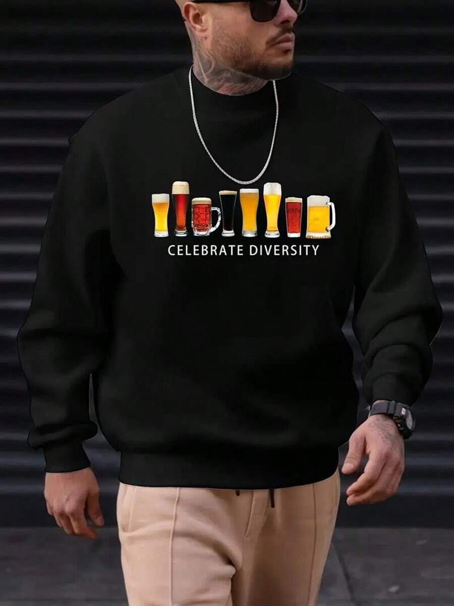 Beer Print, Sweatshirt With Long Sleeves, Men's Casual Creative Graphic Crew Neck Pullover Tops For Spring Fall And Winter,Fall Hoodies,Men's Fall Clothes,Street Wear,Halloween,Mens Hoodies,Y2k Clothes,Jesus Hoodie,Thanksgiving Day,Nightmare Before Christmas,Christmas - 黑色 - 查看 1