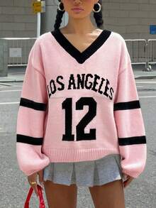 Women's New Style V Neck Collision Color Letter And Number Pattern Jacquard Loose Casual Stylish Street Retro Preppy Long Sleeve Sports Sweater, Fall And Winter