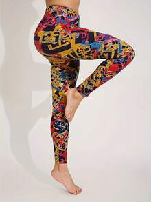 Autumn/Winter New Geometric Abstract Design Soft & Comfortable High Stretch Leggings For Women, Suitable For Home, Exercise, Yoga, Shaping, Lifting, Casual, Outdoor, Travel, Shopping, Fitness, Commuting, Street, Music Festival, Party, Gift