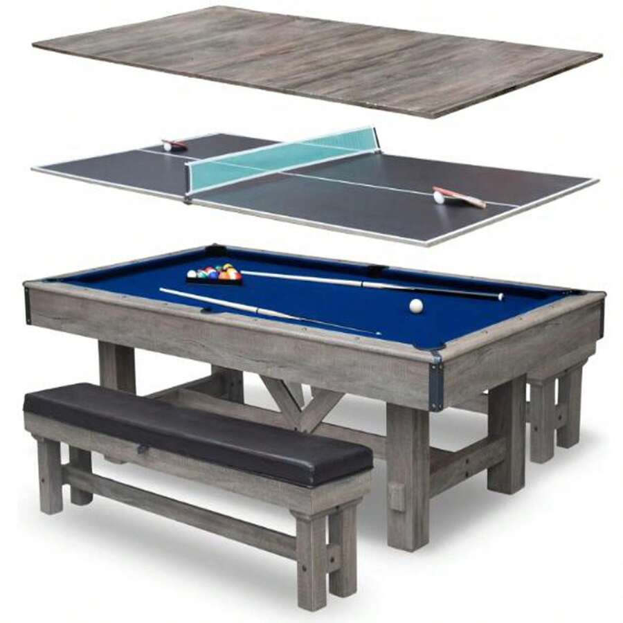 7FT Convertible Pool Table 3-In-1 Billiard, Dining Table & Ping Pong Includes Rolling Storage Cart, Cue Sticks, Balls, Table Tennis Set 7FT 3-In-1 Pool Table With Dining Top & Table Tennis Billiard Table Set With Accessories (Balls, Cues, Ping Pong)HDF Wood Grain 7 | Includes Rolling Storage Caddy - Blue - View 1