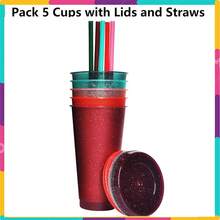 10/20/30 Pack Fashionable Plastic Cup 5 Dark Color Glitter  With Lids And Green Straws-24oz Reusable Plastic Cup, Portable And Watertight, Suitable Party And Outdoor Entertainment Fit Adults, Women, Party, Halloween Gifts Summer Beaches, Weddings, Offices, Picnics, Take Photos - 5色閃粉 - 查看 4