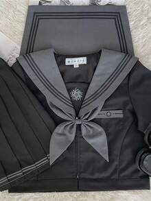 クール 制服セット ゴシック風 コスチューム コスプレ衣装 セーラー襟 プリーツスカート 金魚の結び 黒 JK制服 上下セット 仮装 変装 可愛い 学生服 アニメ cosplay 卒業式 学園祭 - 長袖 - チェックする 3