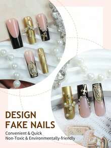 24pcs Long Coffin Shaped Luxury French Manicure Nail Stickers, Black & Gold Glitter Design With 3D Pearl Decor, Suitable For Women & Girls To Wear For Parties, Galas Or Daily Use - 多色 7 - 查看 9