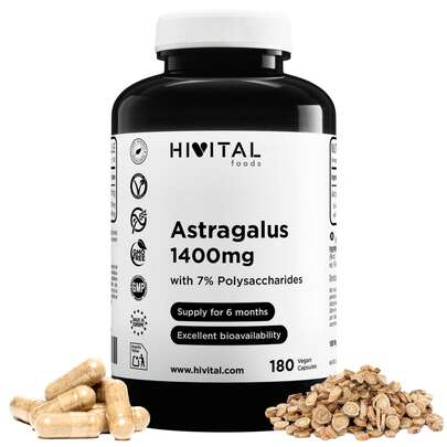 HIVITAL foods Astrágalo 1400 mg. 180 cápsulas veganas para 6 meses de tratamiento. Extracto Natural de Astragalus con 7% Polisacáridos. Sin Estearato de Magnesio ni Dióxidos de ningún tipo. 100% Natural, Vegano y Sin Gluten. Fabricado en España por HIVITAL. ✅Entrega 24/48h