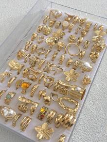 20/14/6 Stück Vintage, eleganter Blumen, geometrischer, Schleife, Herz, Perlen, Strass, glänzender, geometrischer, asymmetrischer, Falten, Kreuz, geflochtener, Harz, mehrschichtiger, quadratischer, runder, Cut Out Design übertriebener breiter Chunky Ring Set, Mode, minimalistisch, anmutig, zart, Retro Stil, geeignet für Feiertage, Partys, Dates, Geschenke, täglichen Gebrauch - Goldgelb - Übersicht 1