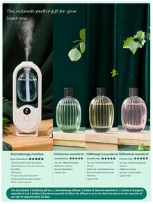 Un diffuseur d'arômes intelligent blanc, diffuseur d'huiles essentielles pour la maison au design minimaliste et moderne, avec 5 modes de fonctionnement et un éclairage ambiant romantique et coloré. Rechargeable par USB. Disponible avec un choix de sets d'huiles essentielles parfumées de 1 ou 3 bouteilles. Convient pour les chambres à coucher, les salons, les bureaux, les pièces pour animaux de compagnie et la désodorisation de la salle de bain. Également idéal comme décoration de fête, décoration d'intérieur ou cadeau de Noël.