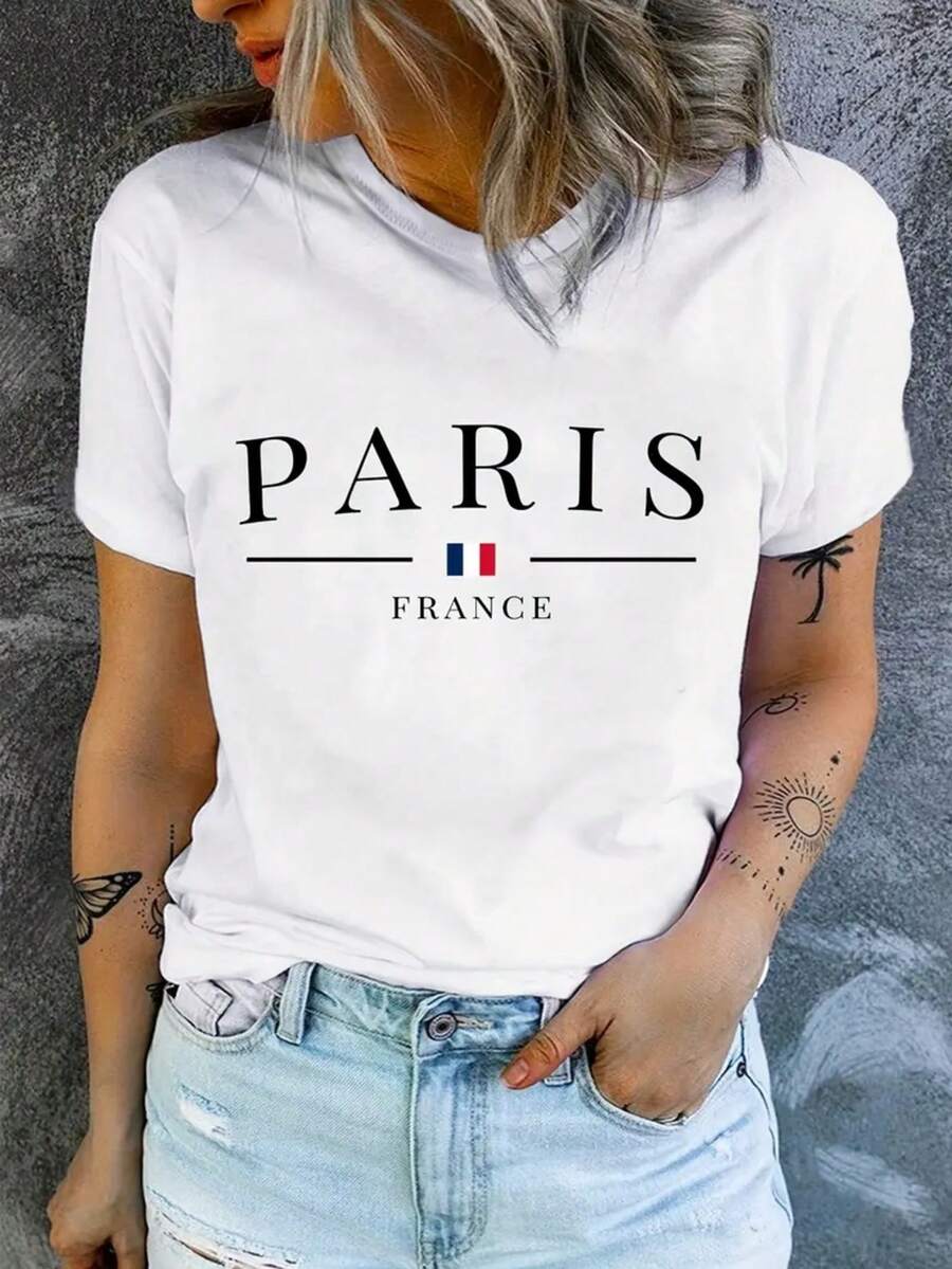 Camiseta playera básica gráfica estampada casual dama mujer manga corta cuello redondo look casual relajado cómodo versátil fresca ligera diseño parís france minimalista sofisticado aestheric - Blanco - Ver 1