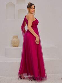 Long One-Shoulder Dress With Glittery Flower - Rose Red - View 4