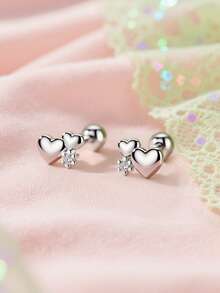 1 对 925 纯银防过敏双心耳钉，镶嵌闪亮方晶锆石，螺旋耳背，佩戴牢固，精致可爱，礼盒包装，适合日常佩戴或节日，适合送给女孩、朋友、返校、圣诞节的礼物 - 均碼 - 查看 3