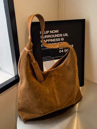 Bolso de hombro casual de gran capacidad de ante retro, bolso grande de unicolor a juego casual, bolso de mujer con acabado mate, bolso de viaje diario de mujer, elegante bolso de trabajo a juego para mujer