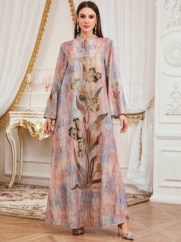 Women's Ramadan New V-Neck Long Sleeve Maxi Kaftan Dress, Elegant Woven Fabric With Applique Jalabiya, Eid Al-Fitr Dress