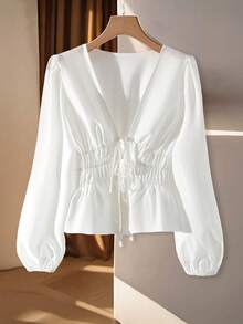 Women's Fashion Bestselling Versatile Elegant V-Neck Waist Tie Cinched Waist Slim Fit Solid Color Long Sleeve White Blouse, Spring/Autumn