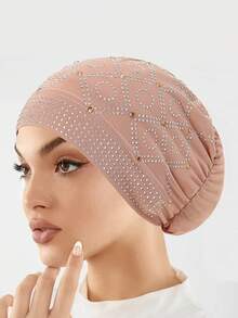 1pc Fashionable Crystal Embellished Linen Headscarf/Hijab Cap For Women, Muslim Underscarf Headwear