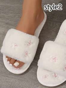 1pair Women's Cozy Faux Fur Slip-On Slippers With Pink Bow Embroidery - Stylish All-Season Indoor Flat Shoes, Casual Comfort Wear, Hand Washable, Casual Footwear | Stylish Slippers | Soft Texture,Women's Faux Fur Embroidered Slippers With Pockets, Sole For Noise Reduction, All-Season Indoor House Shoes, Ladies Slippers, Comfortable Footwear, Elegant Slipper Design