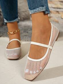 Giày bệt nữ thời trang Thu/Đông, giày bệt lưới màu trơn thoáng khí, kiểu Mary Jane, giày búp bê. - Màu be - Xem 4