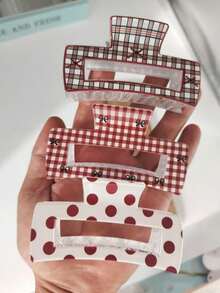 3pcs/6pcs Elegant Resin Claw Clips, Medium Hair Claw With Heart & Bow Print, Cute Rectangular Hair Accessories, Suitable For Women And Girls Fashion Hair Clutch