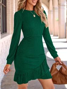 Women's Fall Ruched Bodycon Mini Dress Long Puff Sleeve Ruffle Fitted Cocktail Party Dresses - Green - View 3