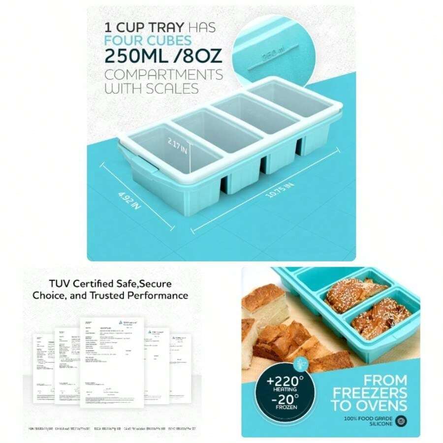 Silicone Freezer Tray With Lid - Soup Freezer Container Molds - 2 - Cup Large Cube Tray - Makes 4 500ml Portions Cubes, Freezing Soup, Stews, Sauces. OvenDishwasher - Safe2 - Pack - 1 cốc, màu xanh - Xem 1