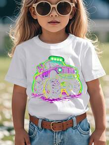 Cool Glowing Monster Truck Vintage Funny Aesthetic Graphic Kid T-Shirt Fashion Kid T Shirts Trending Tees Tops For Kid 3-13Y - 白色 - 查看 1