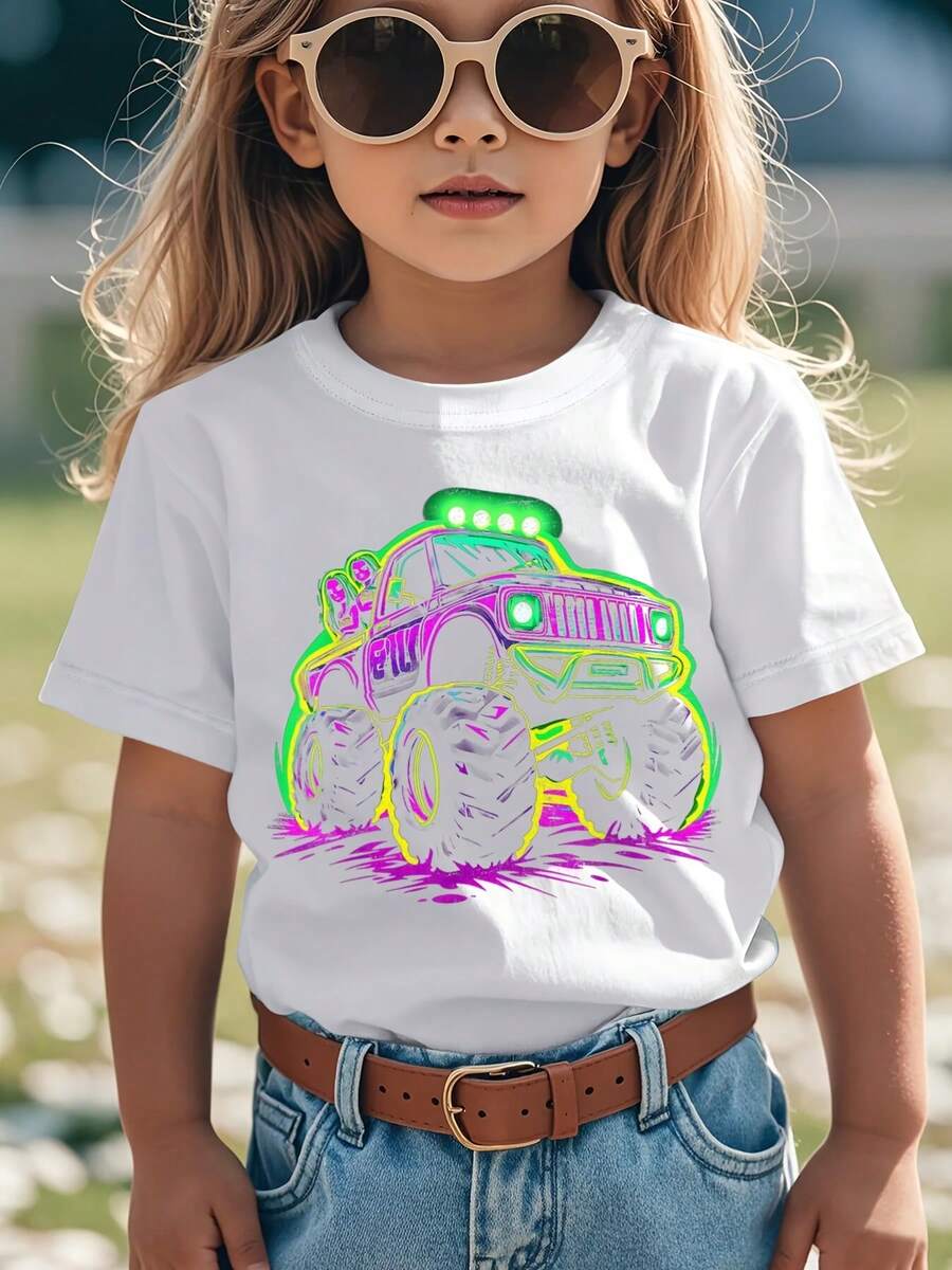 Cool Glowing Monster Truck Vintage Funny Aesthetic Graphic Kid T-Shirt Fashion Kid T Shirts Trending Tees Tops For Kid 3-13Y - 白色 - 查看 1