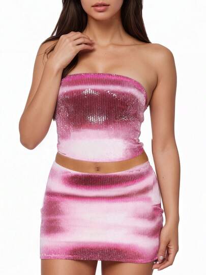 Women Summer Skirt Set Sequin Crop Tube Tops And Mini Bodycon Skirt 2 Piece Outfit For Party Club
