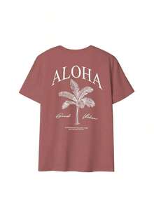 2026 Summer Shirts Women's New Palm Tree Slogan Print Casual Round Neck Short Sleeve T-Shirt, Fashionable Resort Style, Your Daily Essential Item. Gr - 磚紅色 - 查看 3
