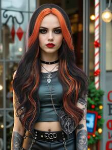 clouder Black Highlight Orange Extra Long Curly Wig 30 Inch Cosplay Wig Halloween Christmas Wig Elegant Soft Matte Hair Loose Curls Casual Outing Street Punk Wig Rock Wig Fluffy Natural Cool Girl Synthetic Heat-Resistant Fiber Wig Suitable For Women Daily Party Wig Music Festival Wig Avant-Garde College Style Wig Modern Fashion Gothic Wig - 挑染棕色 - 查看 2