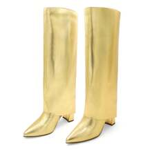 lunryet Knee High Boots Women Fold Over Knee High Boots Chunky High Heels Long Boots Zipper Pointed Toe Dress Tall Boots For Women SHAFT-1 - 金色 - 查看 13