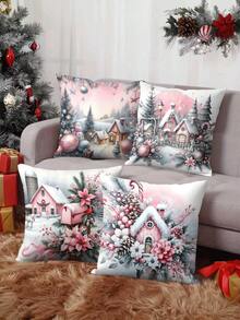 4 piezas/1 pieza Funda de almohada navideña rosa - Diseño de casa nevada, adorno de Papá Noel y flor de Pascua, 45x45 cm | Cierre con cremallera | Material de poliéster de colores brillantes | Para sala de estar, decoración de habitación, sofá y dormitorio (relleno no incluido) Excelente para decoraciones navideñas, fiestas de Navidad, decoración de dormitorio, decoración del hogar en invierno