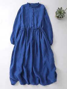 女式宽松七分袖中长连衣裙，艺术风格，秋季 - 藍色 - 查看 4