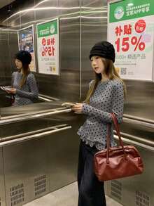 女士甜美风白色波点长袖T恤，荷叶边下摆修身叠穿上衣，轻薄透气，适合秋季和春季穿着 - 碳灰色 - 查看 7