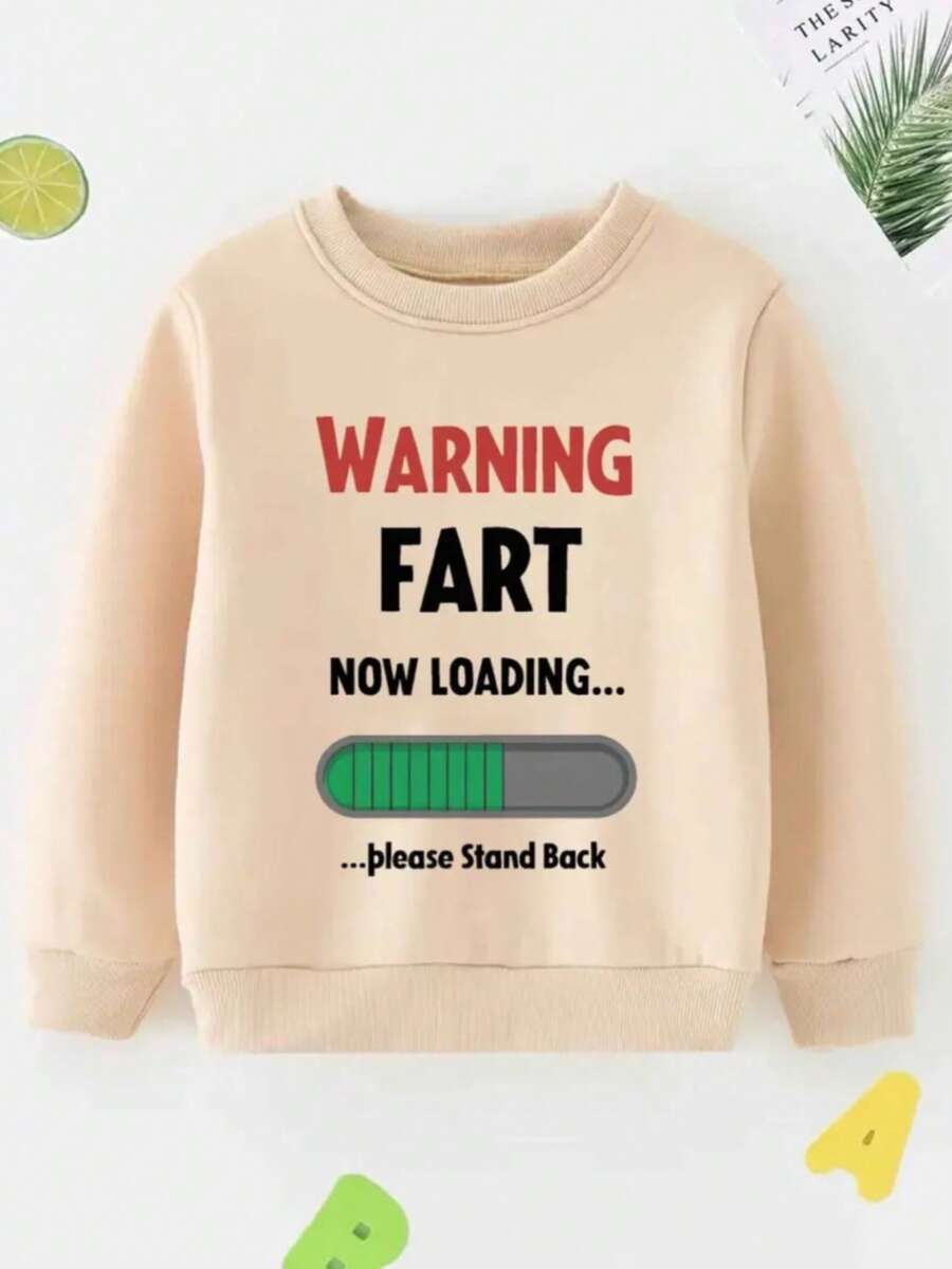 KID004|Apto para el otoño y el invierno, Halloween|Sweater infantil de color beige con la divertida frase "WARNING FART NOW LOADING... ...please Stand Back" que es perfecto para los niños con un sentido del humor ligero - Albaricoque - Ver 1